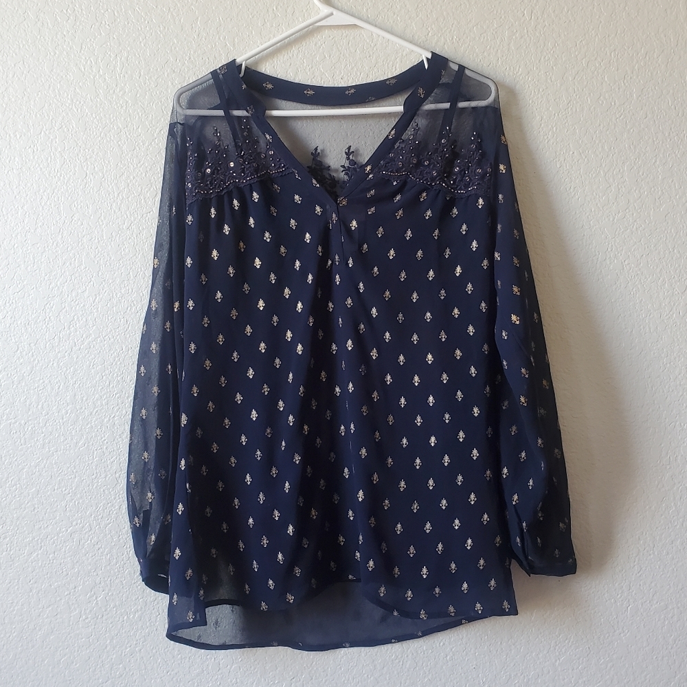 Soft Surroundings Blue Beaded Sheer Blouse